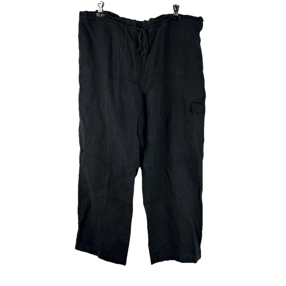 Vintage 90s Black Linen‎ Pants Wide Leg Elastic Waist Cropped Minimalist Chic L